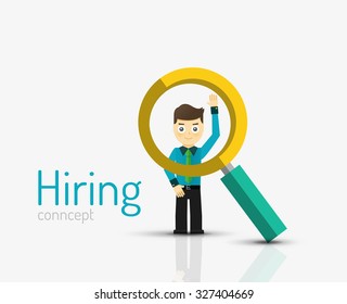 Hiring flat design concept. Man standing on glossy surface and magnifying glass