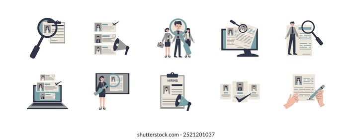 Conjunto de ilustrações plano de contratação. Incluir modelos de recrutamento, candidatos a emprego, entrevista, análise de negócios, marketing, metáfora de equipe e caçador de empregos. Ilustração vetorial isolada.