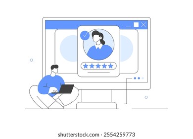 Hiring. Hr manager searching new employee, reading CV and giving job candidate review. Job recruitment process. Character applying for work position. Flat Cartoon Vector Illustration, icon. Stylish 