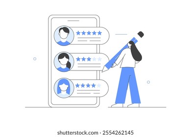 Hiring. Hr manager searching new employee, reading CV and giving job candidate review. Job recruitment process. Flat Cartoon Vector Illustration, icon. Stylish abstract