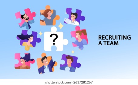 Hiring human for new project by Human resorce. group of people building recruiting team members completing the team for successful work efficiency, completing the team by completing the jigsaw puzzle.