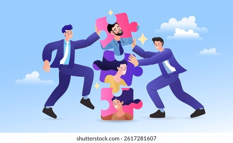 Hiring human for new project by Human resorce. group of people building recruiting team members completing the team for successful work efficiency, completing the team by completing the jigsaw puzzle