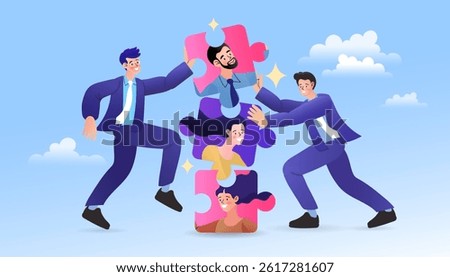 Hiring human for new project by Human resorce. group of people building recruiting team members completing the team for successful work efficiency, completing the team by completing the jigsaw puzzle