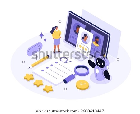 Hiring and human recourses concept. Character use artificial intelligence technology for business recruitment process, job searching, interview. Flat isometric vector illustration.