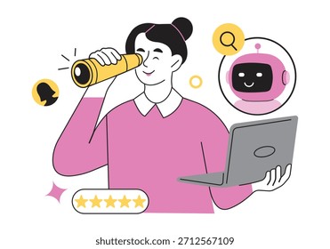 Contratación de Ilustración vectorial de recursos humanos. Mujer explorando el futuro digital con ayuda de chatbot y laptop, simbolizando búsqueda en línea, descubrimiento y evaluación de servicios.