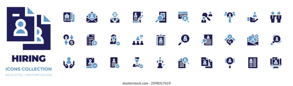 Hiring icon collection. Bold style. Duotone colors. hiring, target, search, candidate, hand, cv, hired, hire, employee, approved, recruitment, newspaper.