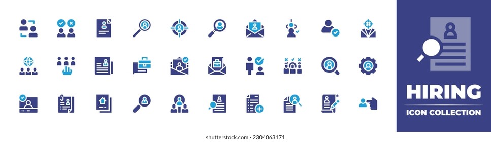 Hiring icon collection. Duotone color. Vector illustration. Containing recruitment, selection, cv, headhunting, search, hired, selected, target, global, newspaper, job description, approved, job offer