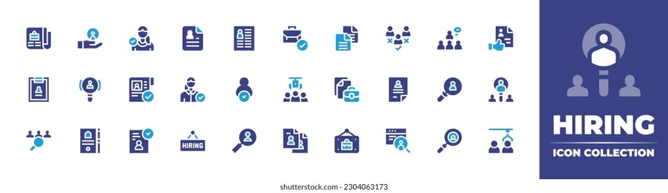 Hiring icon collection. Duotone color. Vector illustration. Containing newspaper, employee, hired, cv, job, selection, leader, approval, human resources, approved, candidate, choose, portfolio.