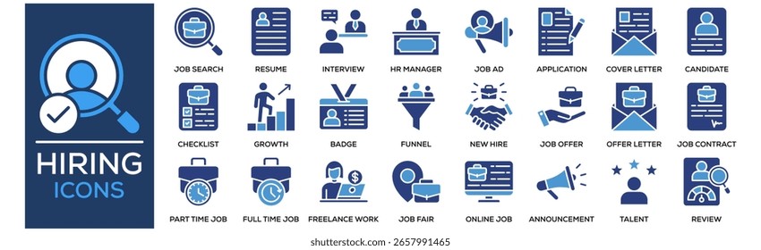 Symbolsammlung einstellen. Mit Design-Jobsuche, Lebenslauf-Dokument, Interview, HR-Manager, Job-Ad