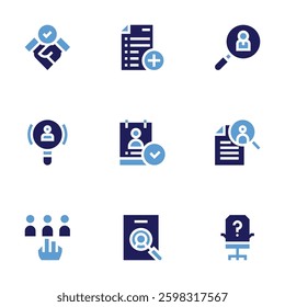 Hiring icon set. Bold style. Duotone colors. hired, cv, job search, selection, recruitment, human resources, resume, candidate.