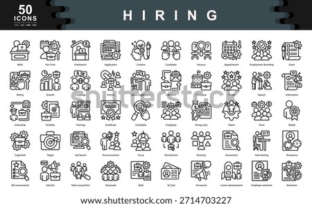 The Hiring icon set captures essential aspects of recruitment, from talent acquisition to onboarding, ideal for HR solutions, job platforms, and career development tools.