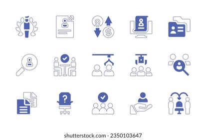 Juego de iconos de contratación. Curso de línea de estilo duotónico y negrita. Ilustración vectorial. Conteniendo alquiler, cv, alquiler, contratación en línea, hr, usuario, selección, selección, caza, contratación, contratación, vacante.