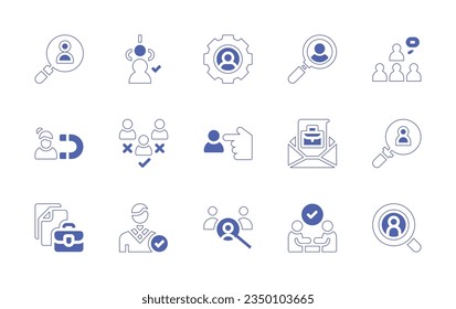 Juego de iconos de contratación. Curso de línea de estilo duotónico y negrita. Ilustración vectorial. Conteniendo recursos humanos, contratados, buscados, líderes, atractivos, selección, candidato, oferta de trabajo, portafolio, cacería de cabezas.
