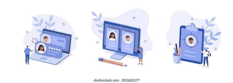 Hiring illustration set. Characters choosing best candidate for job. Hr managers searching new employee. Recruitment process. Human resource management and hiring concept. Vector illustration.