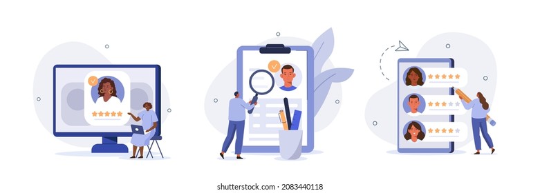 Hiring illustration set. Hr managers searching new employee, reading CV and giving job candidate review. Character applying for work position. Job recruitment process concept. Vector illustration.