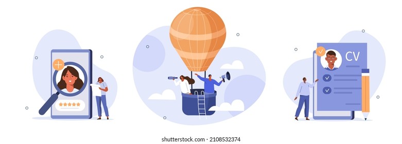 Juego de ilustraciones de contratación. Entrenadores de Hr volando en globo aerostático, buscando candidatos para trabajo y leyendo CV. Carácter que solicita el puesto de trabajo. Concepto del proceso de contratación de empleo. Ilustración vectorial.