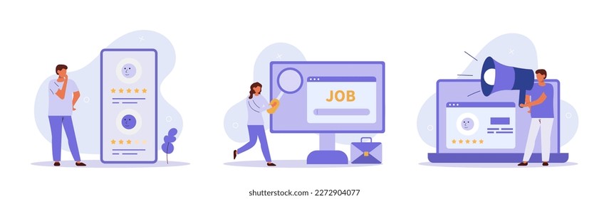 Einstelleinrichtung für Illustrationen. Ihre Manager suchen potenzielle Bewerber und analysieren den Lebenslauf. Zeichen, der sich um den Arbeitsplatz bewirbt. Konzept für die Einstellung von Arbeitsplätzen. Vektorgrafik