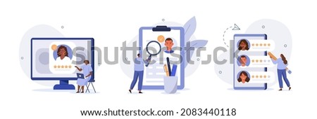 Hiring illustration set. Hr managers searching new employee, reading CV and giving job candidate review. Character applying for work position. Job recruitment process concept. Vector illustration.