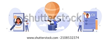 Hiring illustration set. Hr managers flying on air balloon, searching job candidate and reading CV. Character applying for work position. Job recruitment process concept. Vector illustration.