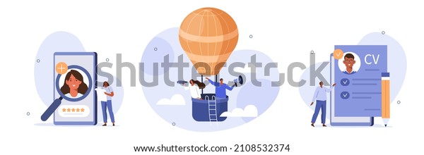 Hiring\
illustration set. Hr managers flying on air balloon, searching job\
candidate and reading CV. Character applying for work position. Job\
recruitment process concept. Vector\
illustration.