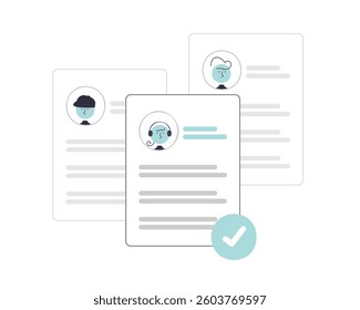 Hiring illustration for web and application design featuring recruitment process, job application,n candidate selection, and HR team in a modern flat vector style