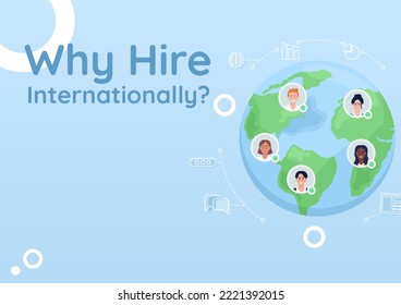 Hiring international remote employees flat vector banner template. Overseas workers poster, leaflet printable color designs. Editable flyer page with text space. Quicksand Bold font used