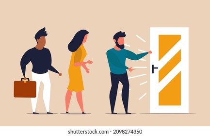 Hiring job apply and interview after the coronavirus pandemic. People recover work and reopen vacancy vector illustration concept. Human jobless and people search new offer. Unemployed after crisis