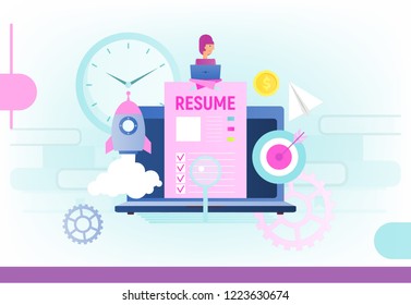 Hiring, Job Interview and Recruitment Concept – CV, Laptop and Girl. Modern Flat Design Vector Illustration for Web Banners,  Apps, Landing Page.