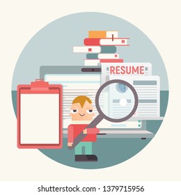 Hiring, Job Interview and Recruitment Concept. Cartoon HR Manager near Big Laptop and Resume Blank. Search New Employee. Vector Illustration. Job Interview Concept. Application and CV. Retro Design.