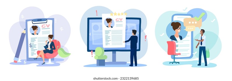 Hiring and job recruitment process concept. Vector set of HR manager searching for potential job candidates writing CV and applying for vacant positions 