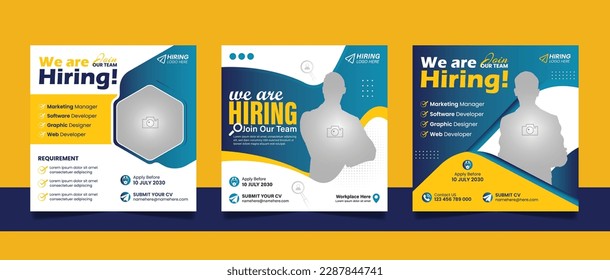 Hiring job vacancy social media post banner template set. Business we are hiring employee square flyer design.