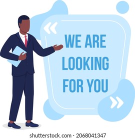 Hiring for job vector quote box with flat character. We are looking for you. Recruiting for work. Speech bubble with cartoon illustration. Colourful quotation design on white background