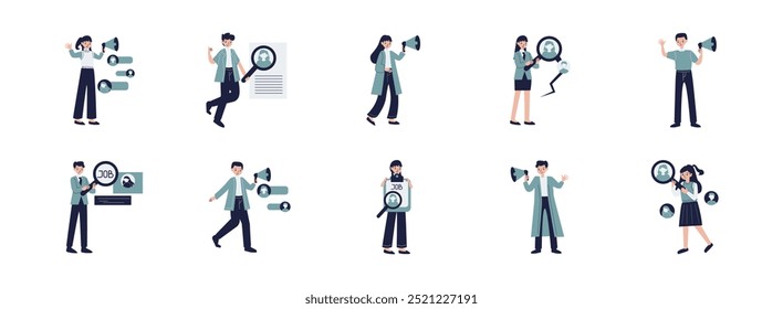 Hiring Jobs flat illustration set. Include of interview, career, recruitment, vacancy, business, job, opportunity, employment, hire, and more. Vector illustration isolated.