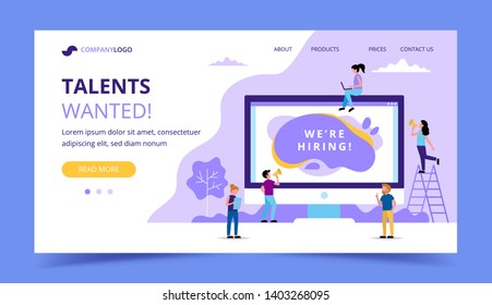 Hiring landing page. Concept illustrations for human resources, hiring process, vacancies, recruitment department. Vector illustration in flat style with small  people doing various tasks