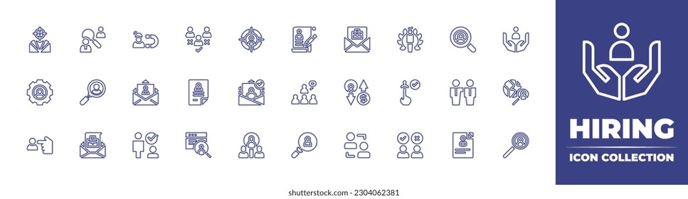 Hiring line icon collection. Editable stroke. Vector illustration. Containing target, search, attractive, selection, headhunting, cv, hired, manager, human resources, approved, leader, hire, hiring.