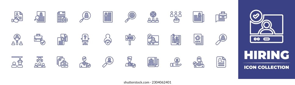 Hiring line icon collection. Editable stroke. Vector illustration. Containing approval, recruitment, resume, candidate, cv, global, selection, newspaper, job description, human resources, job, choose.