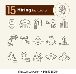 Juego de iconos de línea de contratación. Equipo, candidato, selección. Concepto de negocio. Se puede utilizar para temas como recursos humanos, carrera, trabajo