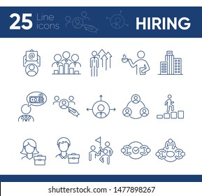 Conjunto de iconos de línea de contratación. Equipo, candidato, selección. Concepto de negocio. Puede ser utilizado para temas como recursos humanos, carrera, trabajo