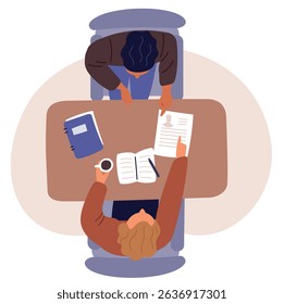 Hiring manager interviews candidate for position top view. Office employee recruit. People sitting at desk. Company vacancy. Business workers recruitment. Communication about resume. Vector concept