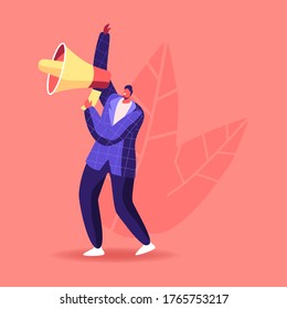 Hiring Manager Male Character Searching for Employee to Hire on Job Using Loudspeaker. Human Resource, Social Media Presentation for Employment. Recruiting, Head Hunting. Cartoon Vector Illustration