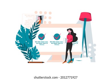 Gestión de Contratos Analizando Candidatos Reanuda el concepto de Ilustración. Ilustración plana aislada en fondo blanco.