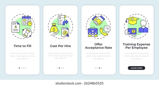 Hiring metrics onboarding mobile app screen. Employment analytics. Walkthrough 4 steps editable graphic instructions with linear concepts. UI, UX, GUI