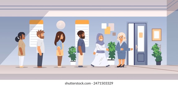Hiring new employees in company. Group of diverse people queue waiting in the corridor. Flat vector illustration