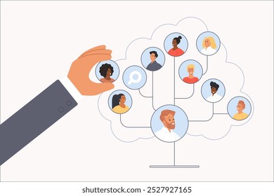 Hiring new talent professional employee by headhunter, team organization. Giant hand of HR manager, businessman or employer add avatar of woman to corporate company tree cartoon vector illustration