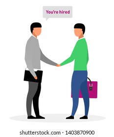 Hiring new worker flat vector illustration. Boss, chief shaking hand with successful applicant cartoon characters. Informing jobseeker about positive employment decision. HR expert greeting newbie