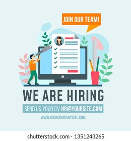 Hiring now design concept for posts, flyers, banners etc. Vector flat recruitment illustration.