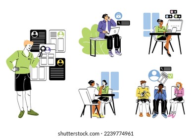 Hiring on work illustration set. Men and women send resumes and look for vacancies. HR conduct interviews and select best candidate. Cartoon flat vector collection isolated on white background