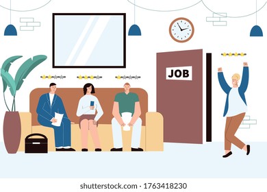 Hiring people composition with flat human characters of job candidates with rating pictograms and indoor scenery vector illustration