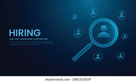 Hiring People Concept. Hiring Employees, Search Job, Recruitment Concept Low Poly Wireframe Vector Illustration on Technological Blue Background.