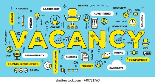 Hiring people concept. Vector creative illustration of vacancy yellow word lettering typography with line icons and tag cloud on green background. Thin line art style design of search for employees